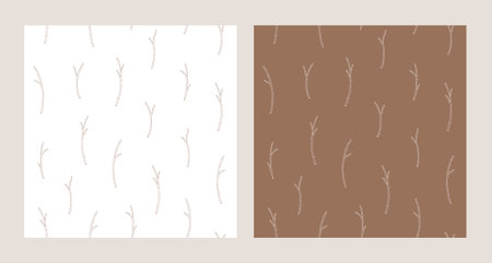 Set of two seamless patterns with apricot branches. Vector illustration of spring fruit tree twigs. Floral print in modern line art style. Outline plant elementsのイラスト素材