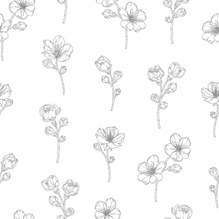 Seamless pattern with blooming apricot flowers, buds, branches. Vector illustration of spring fruit tree blossom. Floral print in modern line art styleのイラスト素材