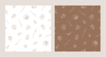 Set of two seamless patterns with blooming apricot flowers, buds, and branches. Vector illustrations of spring fruit tree blossom. Floral prints in modern line art styleのイラスト素材