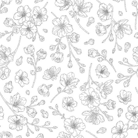 Seamless pattern with blooming apricot flowers, buds, branches. Vector illustration of spring fruit tree blossom. Floral print in modern line art styleのイラスト素材
