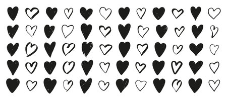 Hearts big set. Symbols of Valentine's Day, love, romantic. Hand drawn black hearts, ink grunge art,...
