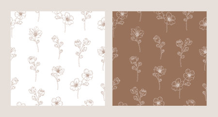 Set of two seamless patterns with blooming apricot flowers, buds, and branches. Vector illustrations of spring fruit tree blossom. Floral prints in modern line art styleのイラスト素材