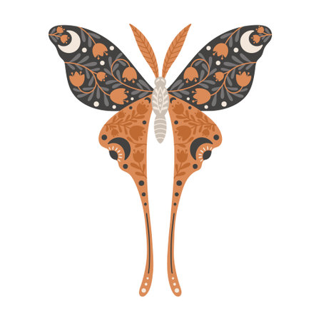 Butterfly icon with floral ornament. Vintage mystical butterfly or moth. Flying celestial insect, vector illustrationのイラスト素材
