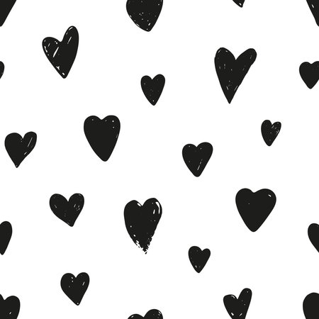 Seamless pattern of black hearts. Valentine's Day, love, romantic background. Hand-drawn illustration, vectorのイラスト素材