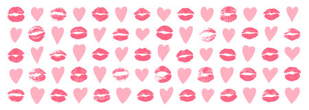 Set of hearts and kiss marks in pink colors. Symbols of Valentine's Day. Love, romantic, and beauty themes. Vector illustrationのイラスト素材