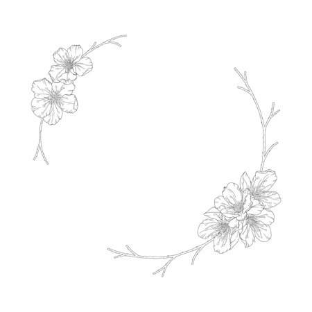 Wreath of blossom apricot flowers, buds and branches, vector illustration. Frame with spring flowers cherry or peach tree. Line art styleのイラスト素材