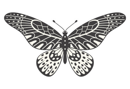 Butterfly illustration, vector. Y2k style aesthetic, wing shapes in front view, a magic ornamental symbol. Black and white element, tattoo graphic print with abstract patternのイラスト素材