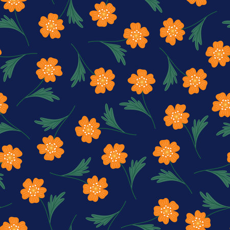 Seamless pattern of orange flowers with green leaves on a dark background. Summer floral vector illustration. Wildflower fabric, spring meadow botanical printのイラスト素材