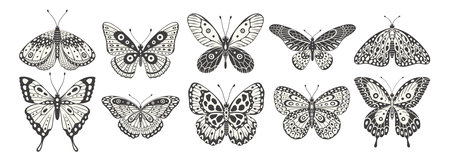 Butterfly and moth set, vector. Y2k style aesthetic, wing shapes in front view, magic symbols collection, abstract illustration. Black and white tattoo printのイラスト素材