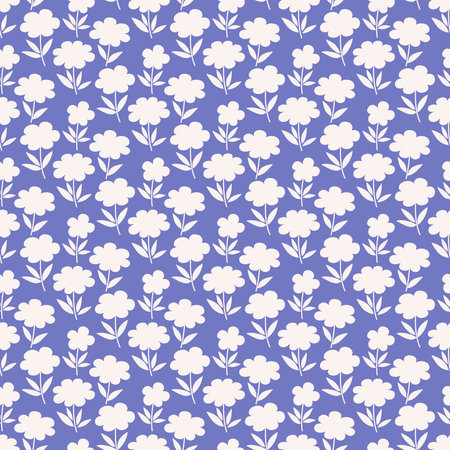 Ditsy style fabric, floral seamless pattern. Vintage decorative print with small white flowers and leaves on a violet background. Vector illustrationのイラスト素材