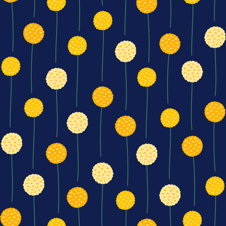 Yellow blooming herbs on a dark blue background, seamless pattern. Summer bright floral vector illustration. Spring meadow botanical print, wild round shape plantsのイラスト素材