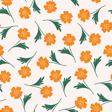 Seamless pattern of orange flowers with green leaves on a beige background. Summer floral vector illustration. Wildflower fabric, spring meadow botanical printのイラスト素材