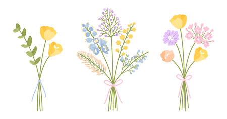 Wildflower bouquets. Set of three floral vector illustrations. Gentle flowers and leaves, meadow herbs, and wild plants for design projectsのイラスト素材