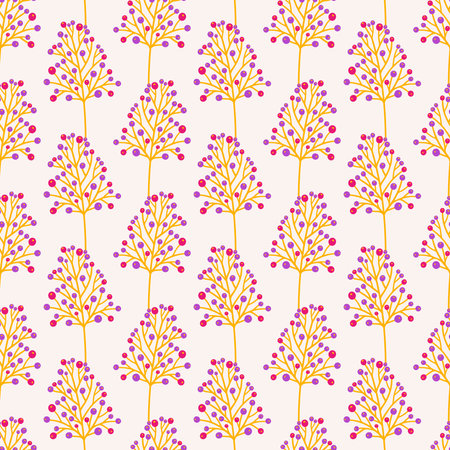Twigs with berries, seamless pattern. Decorative herbs on a beige background. Summer botanical vector illustration. Spring meadow print, wild plants fabricのイラスト素材