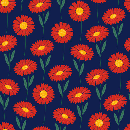 Seamless pattern with red gerbera flowers on a dark background. Summer floral vector illustration. Bright spring botanical print, modern style designのイラスト素材