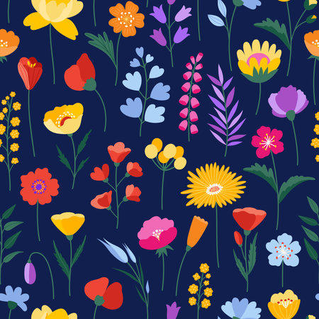 Wildflowers seamless pattern, dark background. Bright and colorful meadow herbs and flowers. Floral summer vector illustration. Spring botanical background, modern style designのイラスト素材