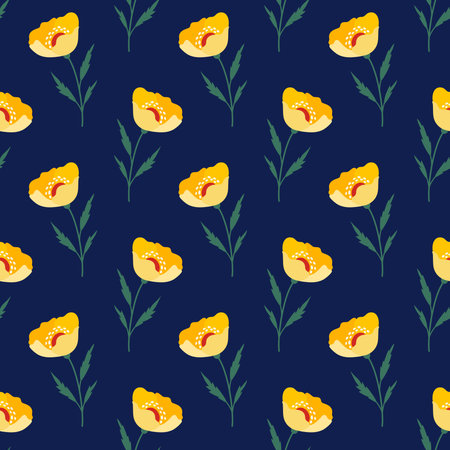 Seamless pattern with yellow wildflowers on a dark blue background. Meadow flowers, floral summer vector illustration. Bright spring botanical print, modern style designのイラスト素材