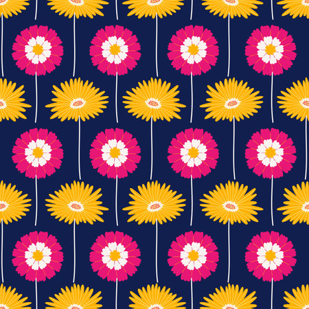 Seamless pattern with gerbera and zinnia flowers on a dark blue background. Summer bright floral vector illustration. Spring botanical print, modern style designのイラスト素材