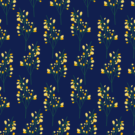 Seamless pattern of branches with many small flowers. Floral twigs on a dark blue background. Meadow botanical print, wildflowers. Vector illustrationのイラスト素材