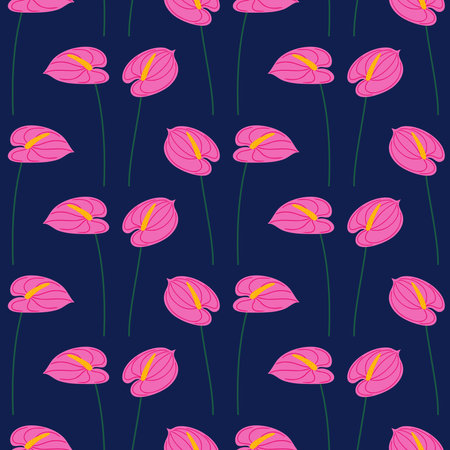 Anthurium pink flowers, seamless pattern. Summer floral vector illustration on a dark background. Bright spring botanical print, modern style designのイラスト素材