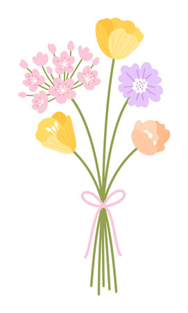 Bunch wildflowers. Vector illustration of floral bouquet. Flowers tied with ribbon. Meadow herbs, and wild plants for design projectsのイラスト素材