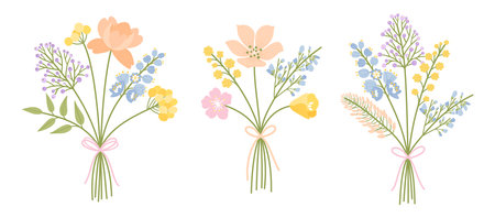 Wildflower bouquets. Set of three floral vector illustrations. Delicate flowers, leaves, meadow herbs, and wild plants for design projects. Spring and summer compositionsのイラスト素材