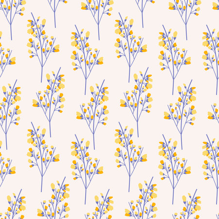 Seamless pattern of branches with many small flowers. Floral twigs on a beige background. Meadow botanical print, wildflowers. Vector illustrationのイラスト素材