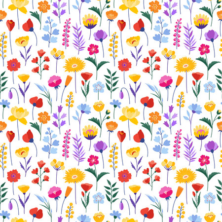 Wildflowers seamless pattern. Bright and colorful meadow herbs and flowers on a beige background. Floral summer vector illustration. Spring botanical background, modern style designのイラスト素材