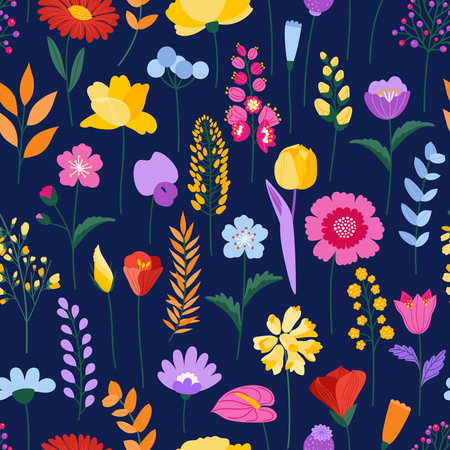 Wildflowers seamless pattern, dark blue background. Bright and colorful meadow herbs and flowers. Floral summer vector illustration. Spring botanical background, modern style designのイラスト素材