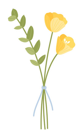 Wildflower bouquet of poppies and meadow herb, tied with ribbon. Floral vector illustration. Gentle flowers, and wild plants for design projectsのイラスト素材