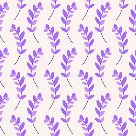 Eucalyptus branch with violet leaves, seamless pattern on a beige background. Twigs of tree plant. Botanical summer vector illustration. Modern style designのイラスト素材