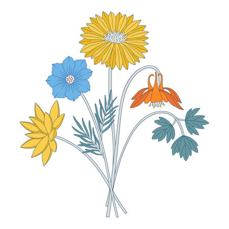 Bright bouquet of wildflowers. Bunch with dahlia, cosmos, aquilegia, different meadow flowers, blooming wild plants, and herbs. Botanical hand-drawn elements for design projects. Vector illustrationのイラスト素材