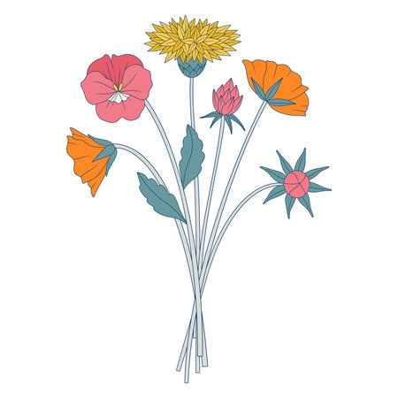 Bright bouquet of wildflowers. Bunch with common knapweed, pansy, different meadow flowers, blooming wild plants, and herbs. Botanical hand-drawn elements for design projects. Vector illustrationのイラスト素材