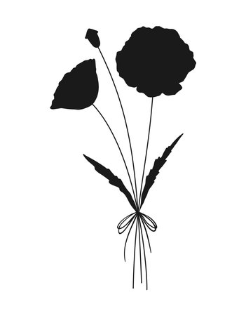 Bouquet of silhouettes of various wildflowers in black color. Hand drawn flower shapes, meadow herbs, wild plants, and botanical elements for design projects. Vector illustrationのイラスト素材