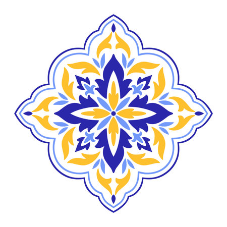 Mediterranean blue yellow floral motif on white background. Traditional ethnic Portuguese, Moroccan, Spanish ornament, mosaic design. Vector illustrationのイラスト素材