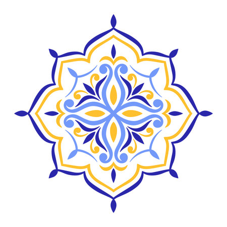Mediterranean blue yellow floral motif on white background. Traditional ethnic Portuguese, Moroccan, Spanish ornament, mosaic design. Vector illustrationのイラスト素材