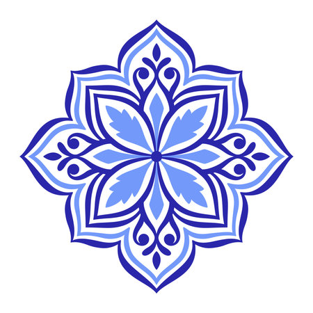 Mediterranean blue floral motif on white background. Ethnic design for ceramic tile. Traditional Portuguese, Moroccan, Spanish ornament. Vector illustrationのイラスト素材