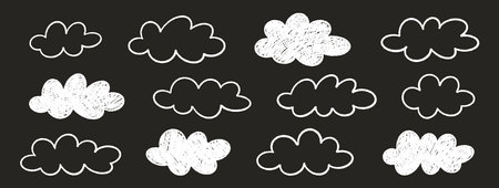 Clouds fluffy on black background. White crayon cumulus set. Textured hand drawn line, silhouette shapes in children's style. Pastel doodles of weather elements, kid drawings. Sky vector illustrationのイラスト素材