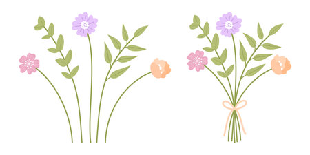 Set of delicate pink, orange, and violet flowers, branches with green leaves. Bouquet on white background. Bunch of wildflowers. Vector illustration for design projectsのイラスト素材