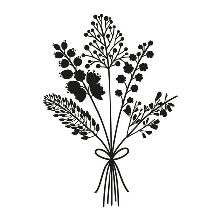 Bouquet of flowers, silhouette in black color. Bunche of delicate wildflowers tied with ribbons. Vector illustration for design projectsのイラスト素材