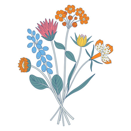 Bright bouquet of wildflowers. Bunch of different meadow flowers, and herbs. Botanical hand-drawn elements for design projects. Vector illustrationのイラスト素材