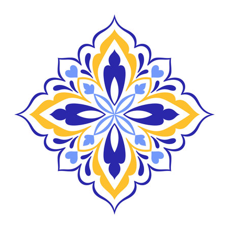 Mediterranean blue yellow floral motif on white background. Ethnic design for ceramic tile. Traditional Portuguese, Moroccan, Spanish ornament. Vector illustrationのイラスト素材