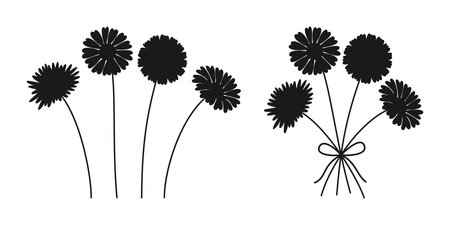 Set of bouquet, dahlia and aster flower silhouettes in black color on white background. Bunches of delicate wildflowers. Vector illustration for design projectsのイラスト素材