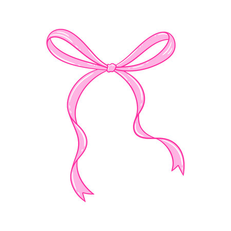 Coquette aesthetic pink bow. Line drawing illustration of cute ribbon for baby shower decoration. Wedding, Valentine's, birthday gift. Retro style girly hairstyle accessories. Doodle lace, vectorのイラスト素材