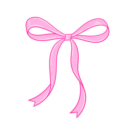 Coquette aesthetic pink bow. Line drawing illustration of cute ribbon for baby shower decoration. Wedding, Valentine's, birthday gift. Vintage style girly hairstyle accessories. Doodle lace, vectorのイラスト素材