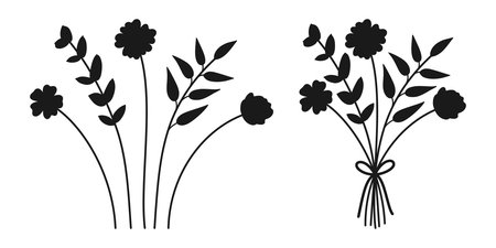 Set of summer delicate flowers, branches with leaves, and bouquet silhouette in black color on a white background. Bunch of wildflowers. Vector illustration for design projectsのイラスト素材