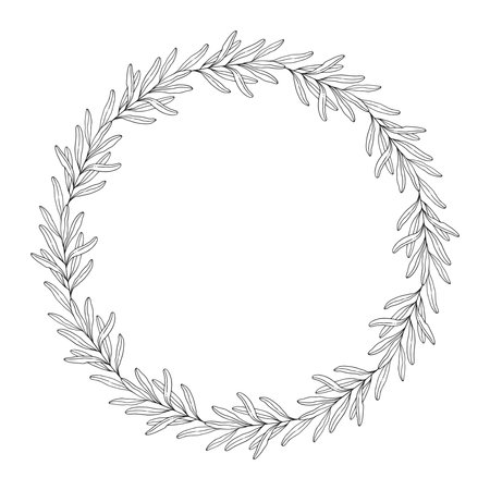 Floral wreath of leaves, wild herbs, twigs and branches. Botanical frame, black outline, isolated on white. Round sketch garland for wedding decoration and design projects. Vector illustrationのイラスト素材