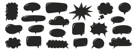 Crayon speech bubbles set. Chat talk boxes. Chalk hand drawn silhouette frames. Kid doodle style....