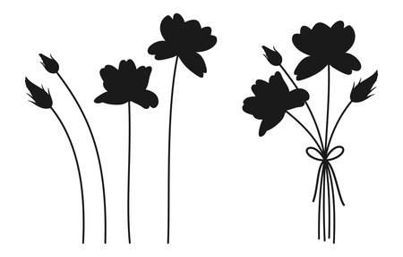 Set of delicate flowers and bouquet silhouettes in black color on a white background. Bunches of wildflowers. Vector illustration for design projectsのイラスト素材