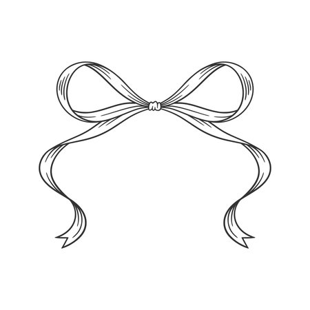 Coquette bow black, line drawing. Tied ribbon, vintage illustration. Frame contour, romantic design. Wedding, birthday gift, retro style. Girly hairstyle accessories, vector illustration. Doodle lace.のイラスト素材